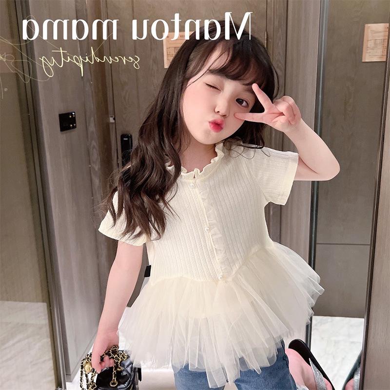 Girls' Summer 2025 Fashion Mesh Skirt Top - Solid Color Short Sleeve, Versatile & Casual