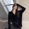 Women's Black Velvet V-Neck Oversized Long Sleeve Top Casual Loose Blouse