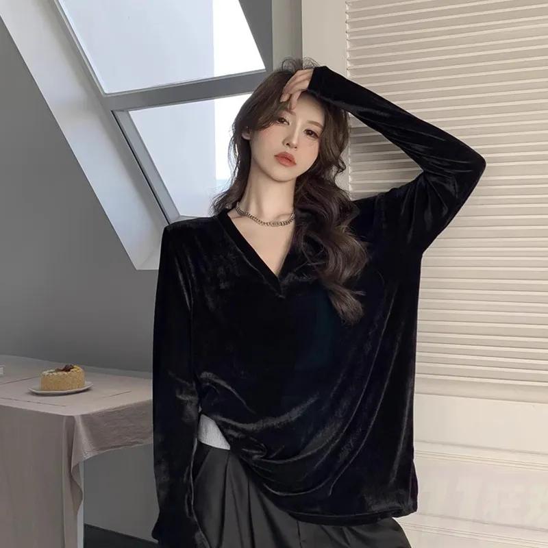 

Women s Black Velvet V-Neck Oversized Long Sleeve Top Casual Loose Blouse S чорний