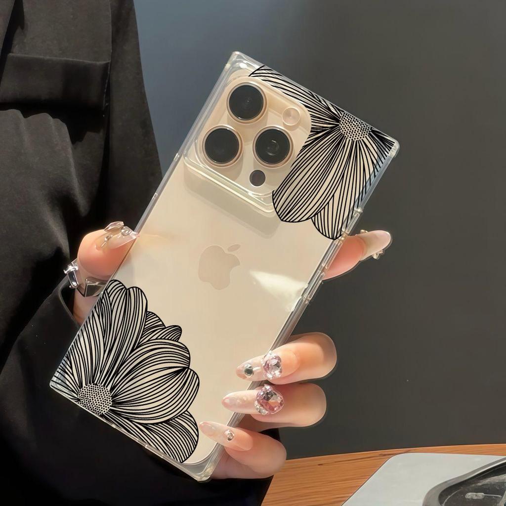 Square Back Tube Protection Clear Case For iPhone 14 Pro Max 11 12 15 Plus 16 ProMax 13 Anti-Oxygen,Black Line Petals Pattern Casing