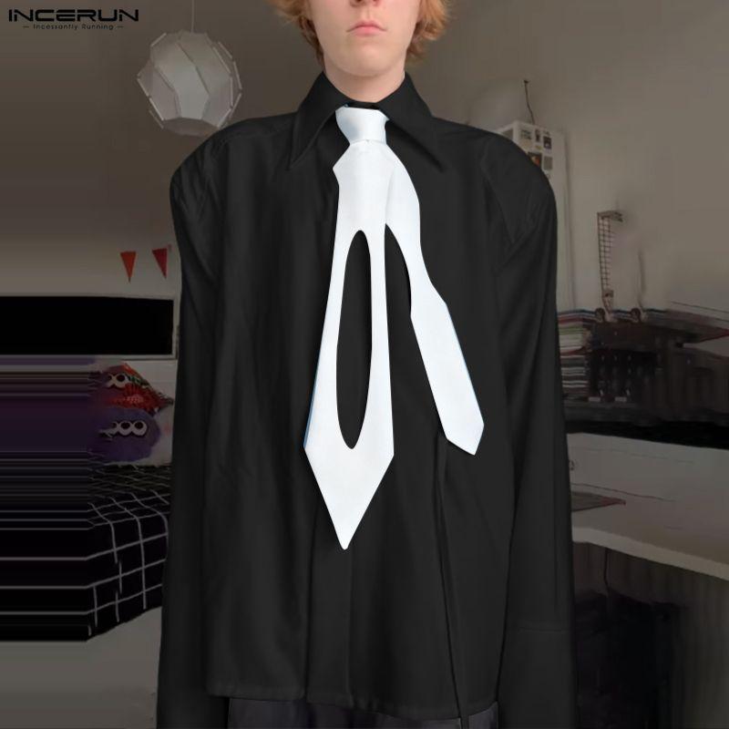 INCERUN Men Tie Lapel Neck Long Sleeve Solid Buttons Up Casual Oversized Shirts