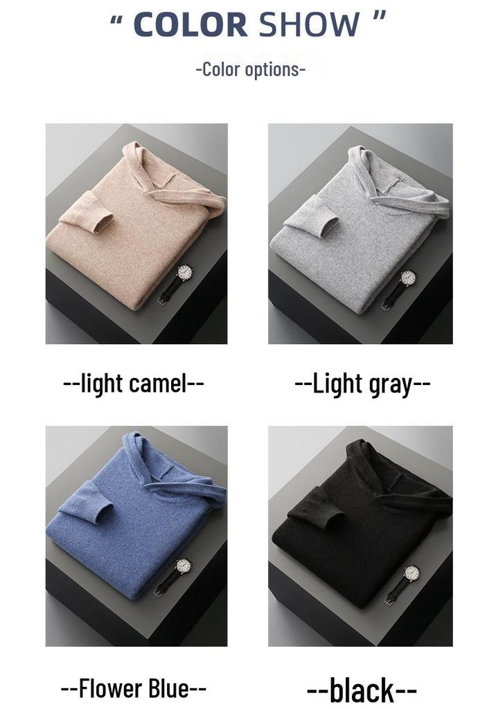 Men's 100% Pure Wool Knit Hoodie - Long Sleeve Solid Color Pullover for Autumn/Winter