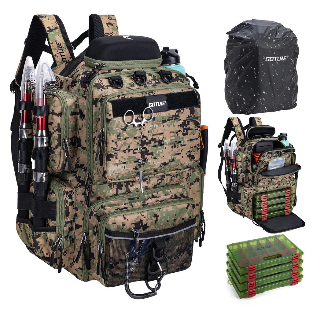 Zaino da Pesca Goture da 45L ad Ampia Capacità, Borsa da Pesca Impermeabile con 4 Scatole porta Attrezzi, Porta Canne per Attrezzatura da Pesca, Regalo per Uomini
