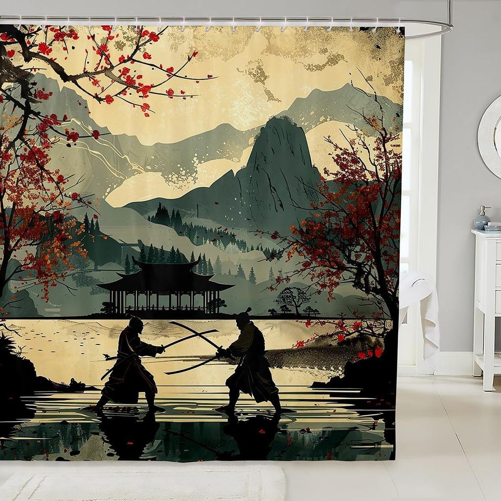 Japanese Samurai Bath Curtain Boys Girls  Landscape Shower Curtain for Kids Women Men Waterproof Sunset Bathroom Shower Curtain