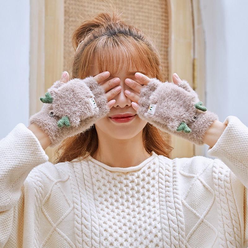 Antlers Gloves Female Winter Student Flip Half Finger Cute Trendy Cartoon Warm Plush Writing Plush Christmas