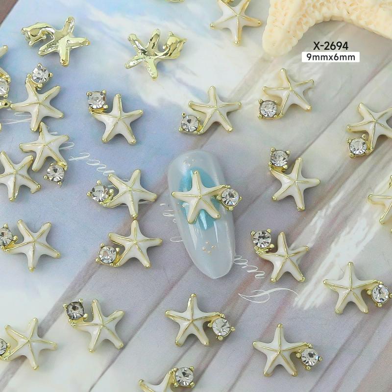 10Pcs Ocean Starfish Shell Nail Charms Nail Rhinestones 3D Diamond Alloy Nail Art Decoration DIY Manicure Nail Part Salon Summer