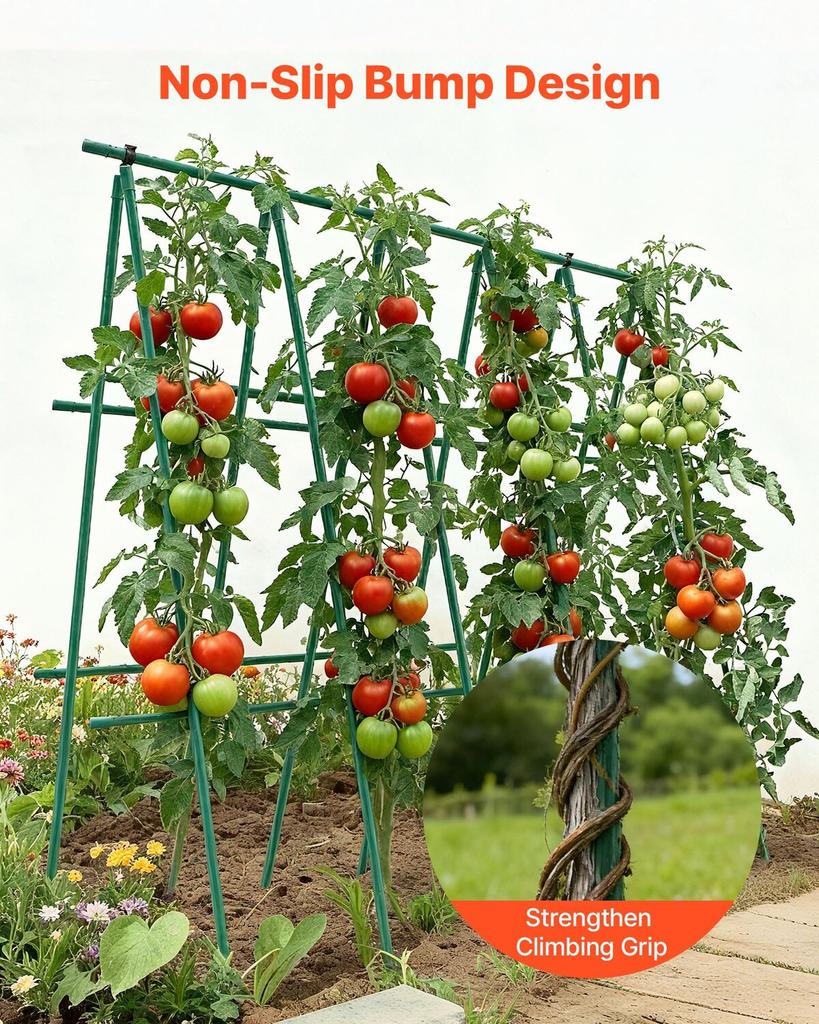 Garden Stakes, 50 Pack, 1170 Mm, Plastic Coated Metal Tomato Stakes, Garden Sticks for Plants Support, with Pointed End and Non-Slip Bumps for Growing
