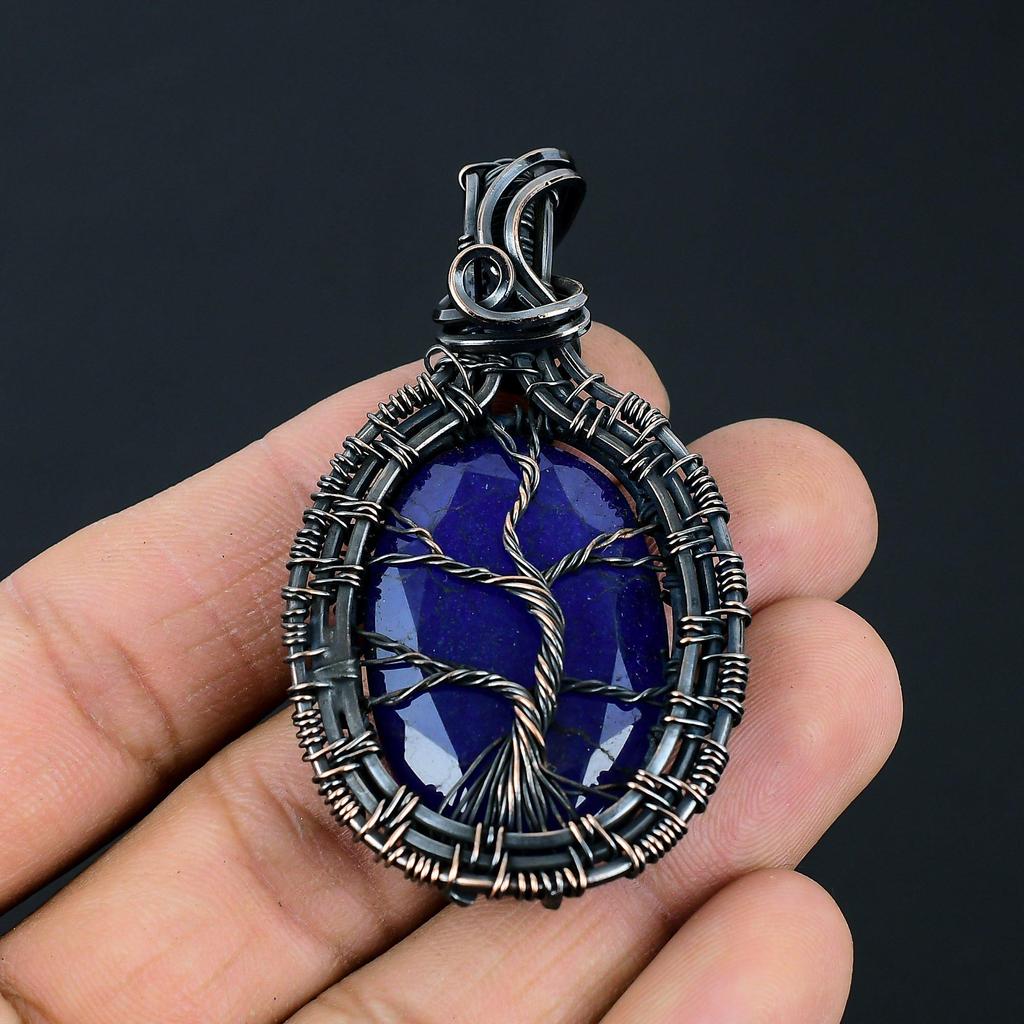 Blue Sapphire Gemstone Handmade Pure Copper Wire Wrapped Pendant Jewelry For Memorial Day