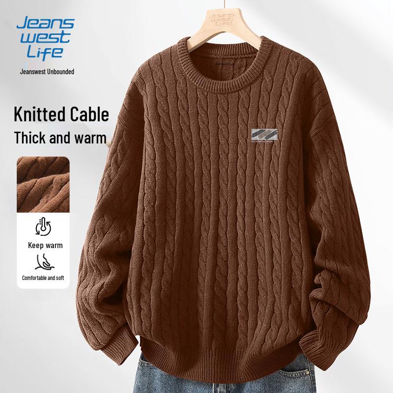 JEANSWEST LIFE Men's Plush Round Neck Cable Knit Sweater