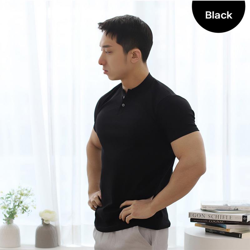 

2025 Men s Summer Slim Fit Henley T-Shirt - Short Sleeve, Stretch, Breathable XXXL чёрный