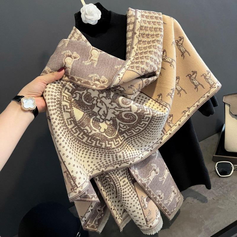 Compass pony pattern imitation cashmere shawl for women, warm big scarf versatile thickened scarf double-sided dual-purpose