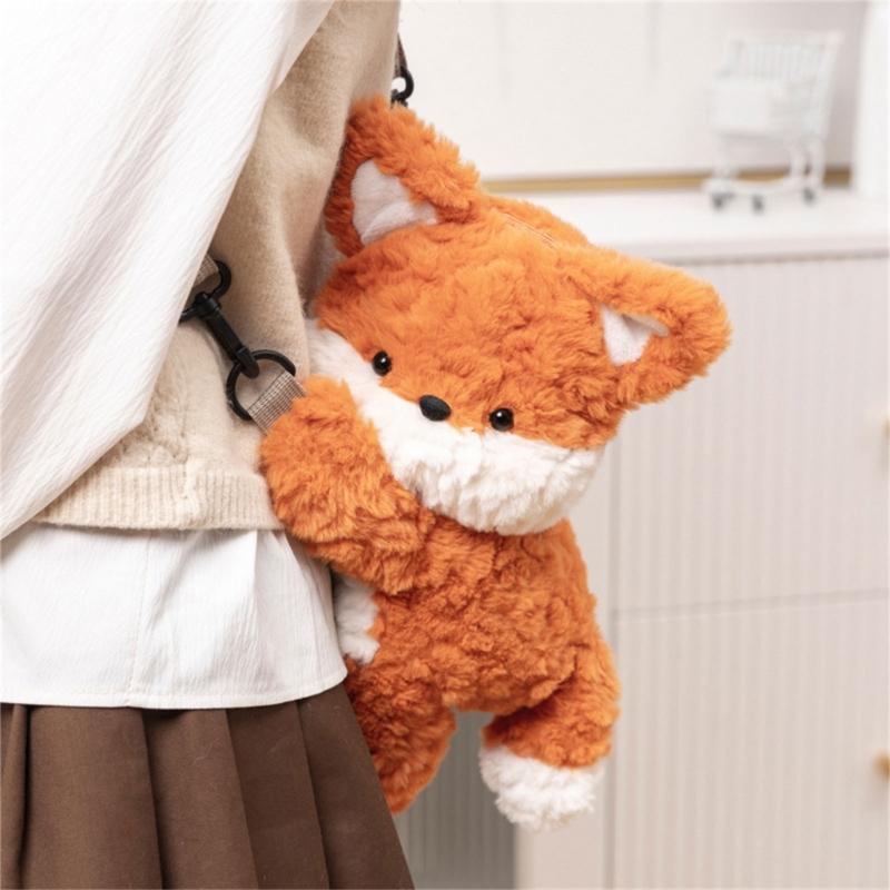 Plush Foxes Shoulder Bag Soft Crossbody Bag Girls Cartoon Backpack Lovely Animal School Bag Coin Purse for Winter