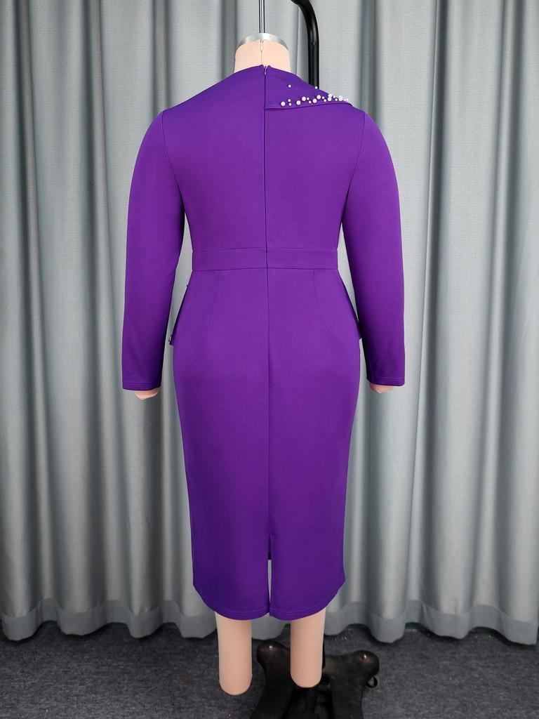 Beaded V-neck Waist-Cinched Long-Sleeve Banquet Midi Dress