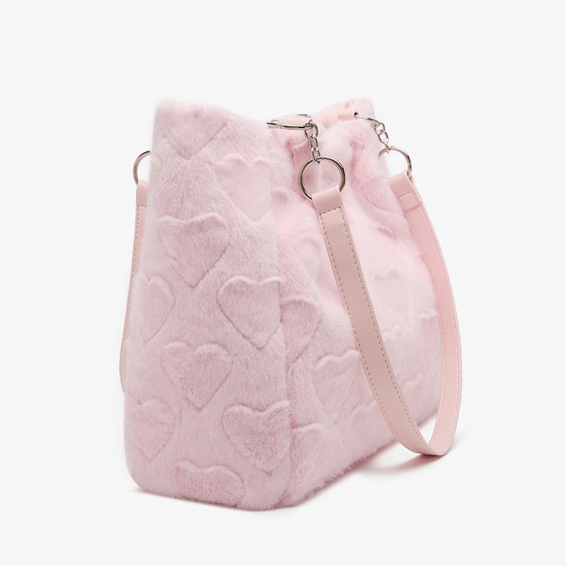 Niedliche flauschige Damen-Freizeit-Tragetaschen Liebesherz Damen Süße Schulter-Unterarmtasche Einfarbig Damenmode Plüsch-Handtaschen MIT
