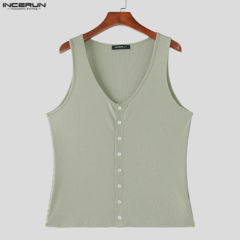 INCERUN Summer Men V Neck Sleeveless Ribbed Casual Loose Tank Tops