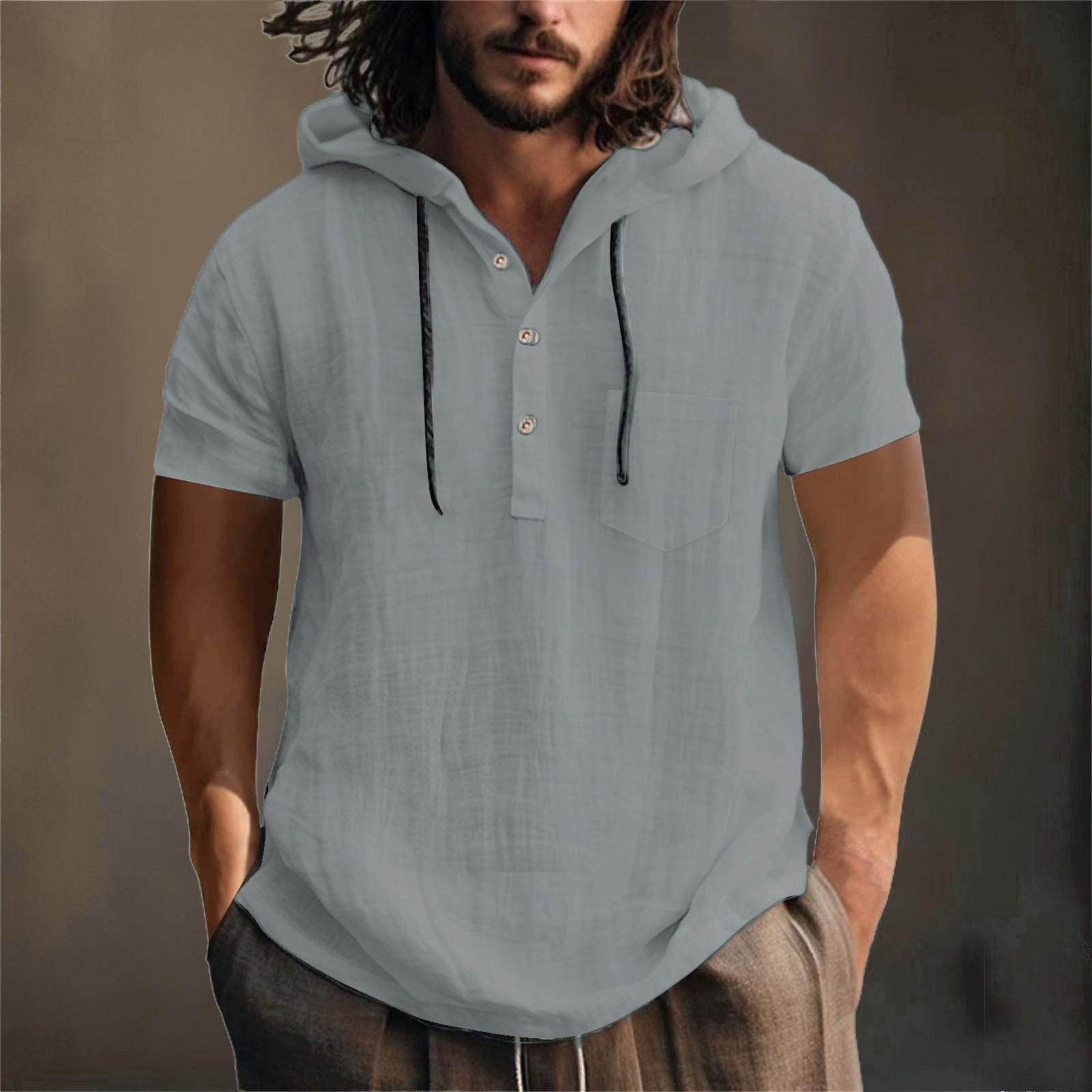 Мужская летняя хлопковая конопляная хлопковая тонкая повседневная однотонная свободная куртка с капюшоном и коротким рукавом XL 1868₽