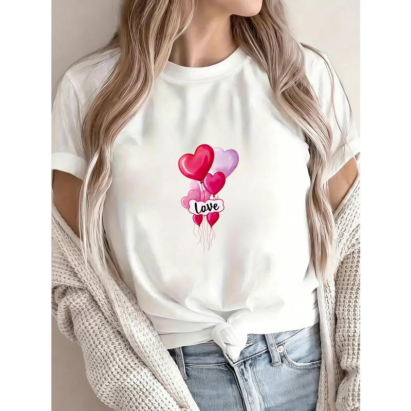 Crewneck T Shirt White Heart Balloons Love Print For Valentine's Day