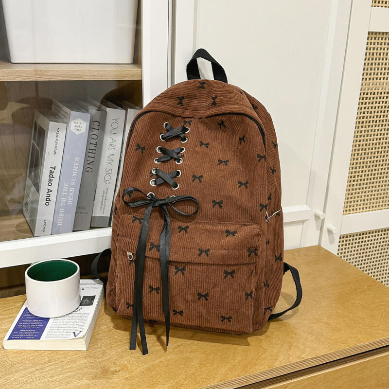 Bow Check Bag Women's Backpack Corduroy Backpack