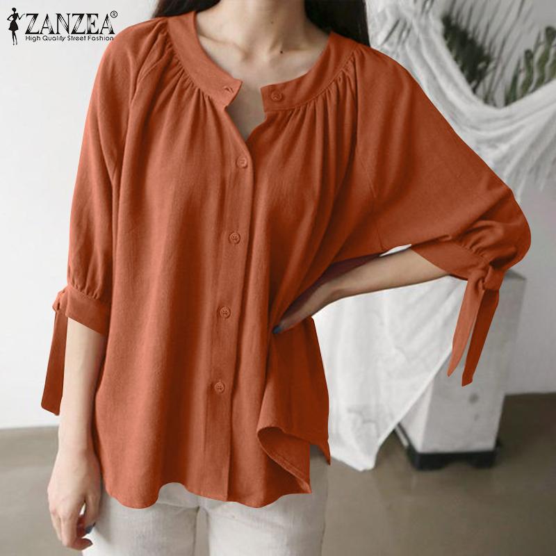 

ZANZEA Женская блузка с круглым вырезом, пятиконечными рукавами и планками, с усадкой мышц и завязками