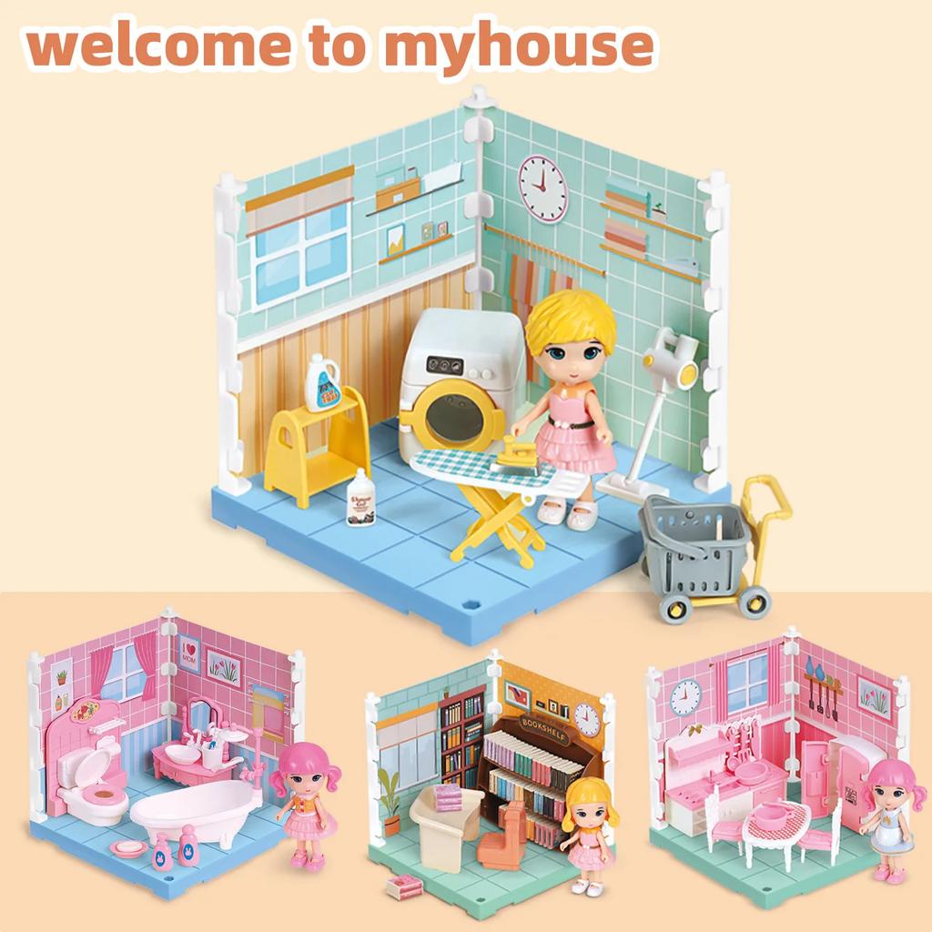 Miniatures House Kit Girls Toys Doll House Mini Room Simulated Bedroom Bathroom Kitchen Study Furniture Play House Toys for Kids