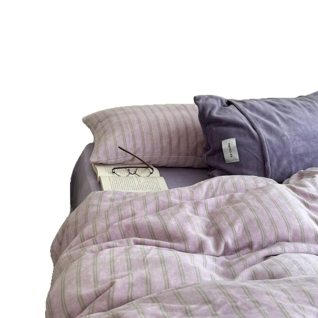 Thickened Milk Fleece Girl'S Heart Simple Stripe Mix And Match Bed Four-Piece Coral Fleece Quilt Cover Bed Sheet 2