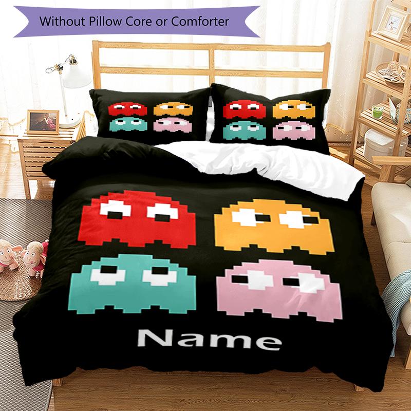 3pcs Custom Name Pac Man Bedding Set Duvet Cover Closure Includes 1 Duvet Cover & 2 Pillowcases, Soft and Comfortable for All Seasons.