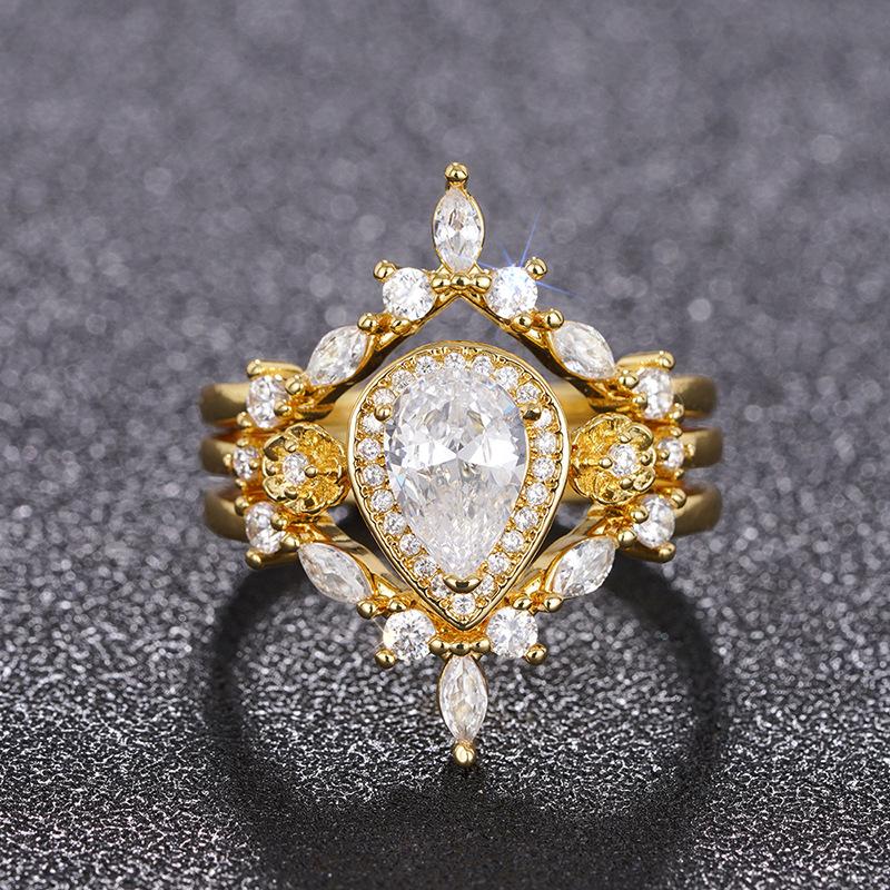 

New High End Cubic Zirconia Ring Three Piece Set for Women s Light Luxury High End Ring with Water Drop Design Popular Zircon 6