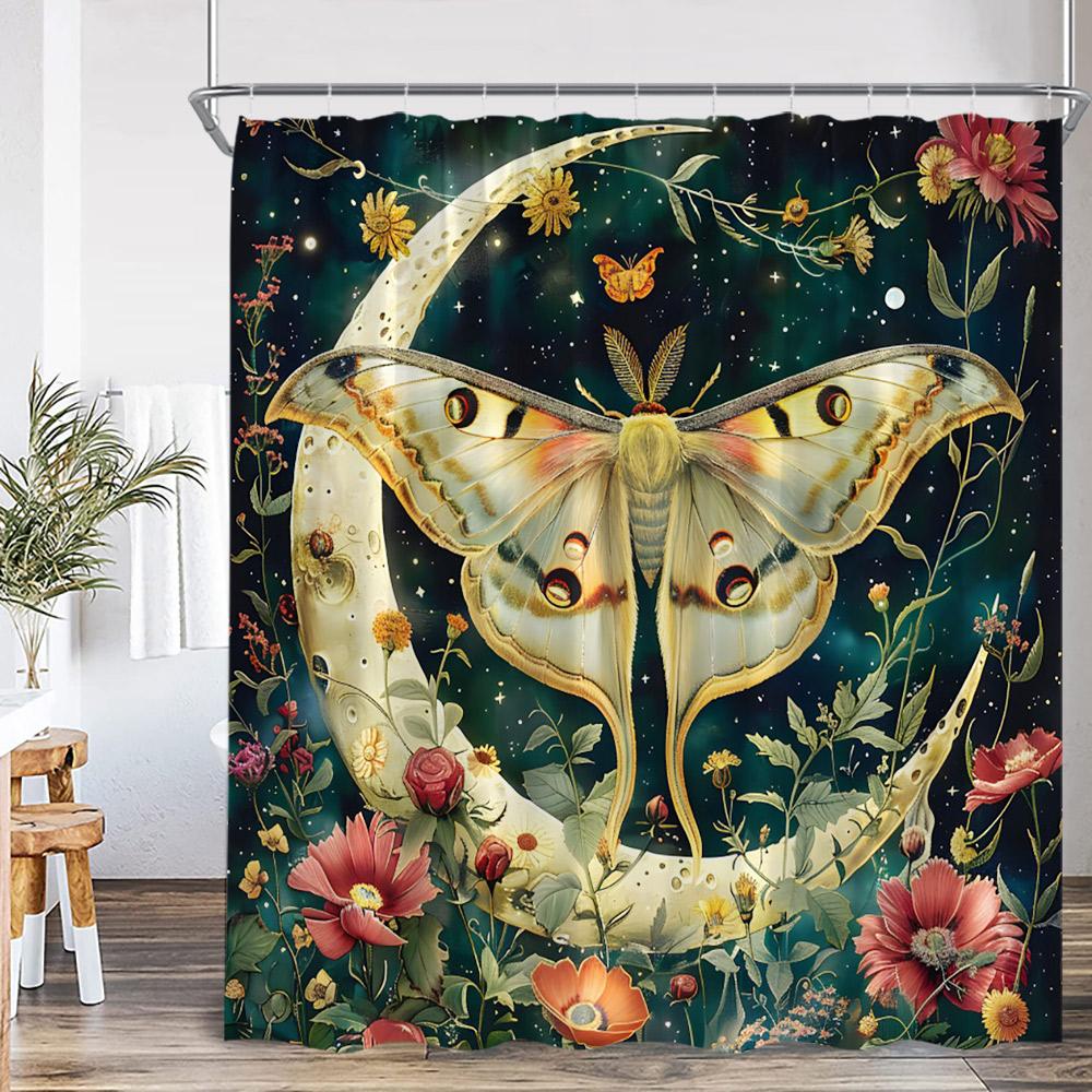 Monika Chen Vintage Butterfly Dragonfly Shower Curtain Flower Skull Mushroom Witch Magic Halloween Bath Decor Retro Polyester Bath Curtain