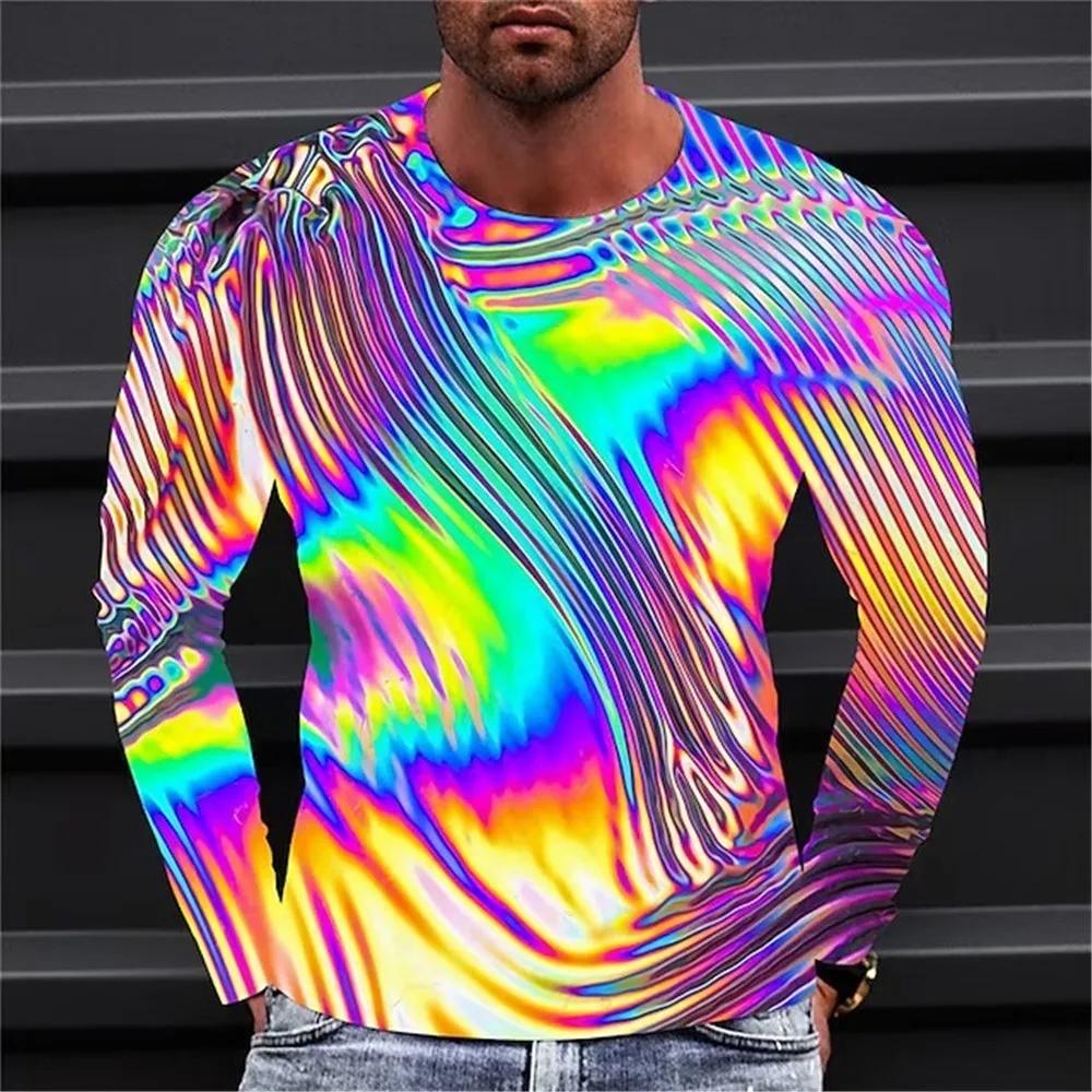 Fashionable Men's Printed T-shirt Optical Illusion Round Neck Long Sleeved Street Harajuku Exaggerated Designer Round Neck Top