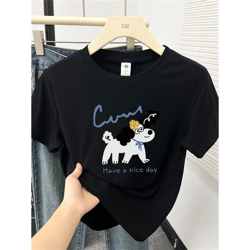 A New Summer Short-Sleeve T-Shirt Designed for Women, Featuring a Trendy Small Dog Print, Perfect for a Stylish Look with a Round Neck