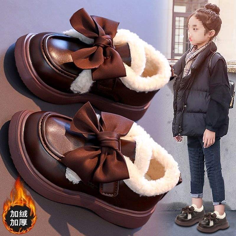 Girls cotton shoes leather shoes 2025 winter new girls velvet warm princess shoes children soft-soled beanie shoes