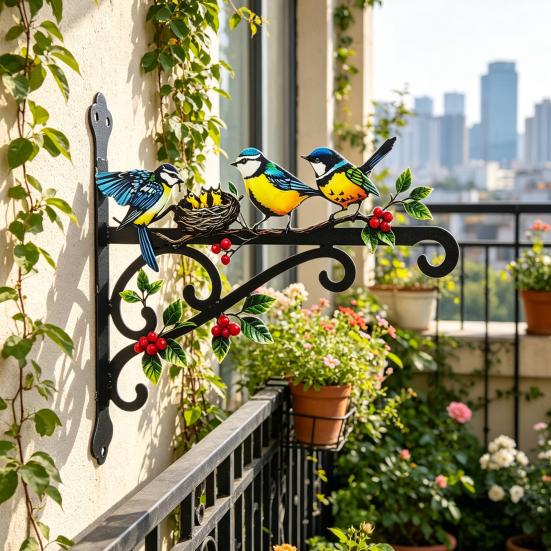 Aesthetic Wall Plant Hanger Metal Hanging Plant Bracket with Colorful Bird Pattern for Bird Feeders Wind Chimes Lantern Outdoor Indoor Patio Decor