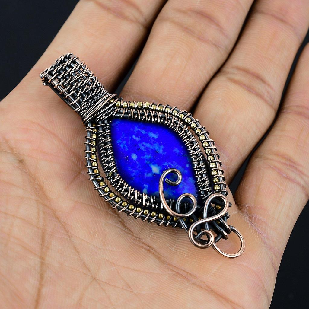 Lapis Lazuli Pendant Handmade Gemstone Jewelry, 999 Copper Wire Wrapped Pendant ,Unique Design Jewelry Pendant