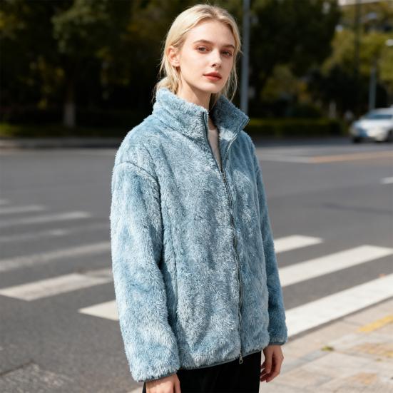 Women's Fuzzy Fleece Jacket Long Sleeve Zip Up Sherpa Coat Soft Stand Collar Fall Outerwear with Pockets