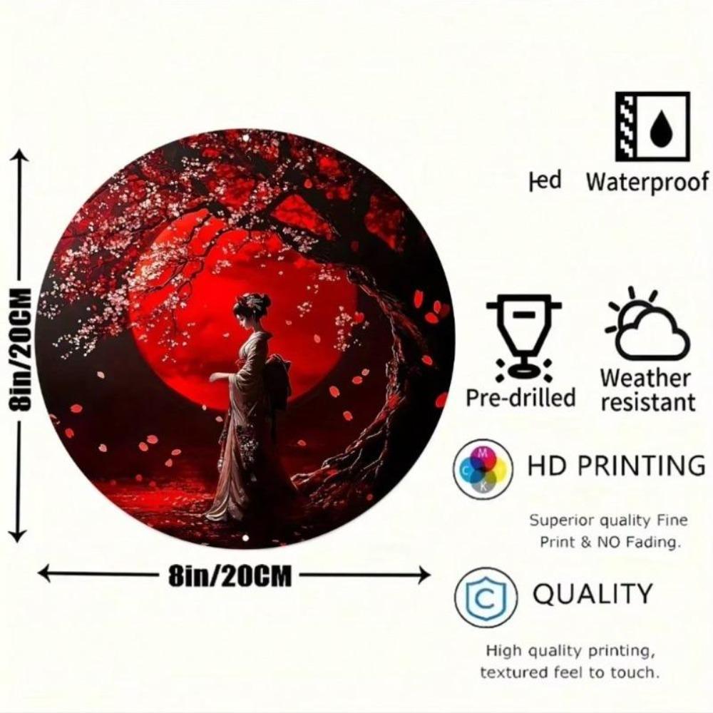 Vintage Japanese Geisha Metal Wall Art with Cherry Blossom Moon Pre Drilled for Home Office Decor Unique Gift