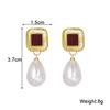 Sweet Red Square Waterdrop Imitation Pearl Pearl Earrings for Women Temperament Sweet Korean Design Jewelry