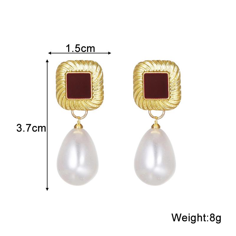 Sweet Red Square Waterdrop Imitation Pearl Pearl Earrings for Women Temperament Sweet Korean Design Jewelry