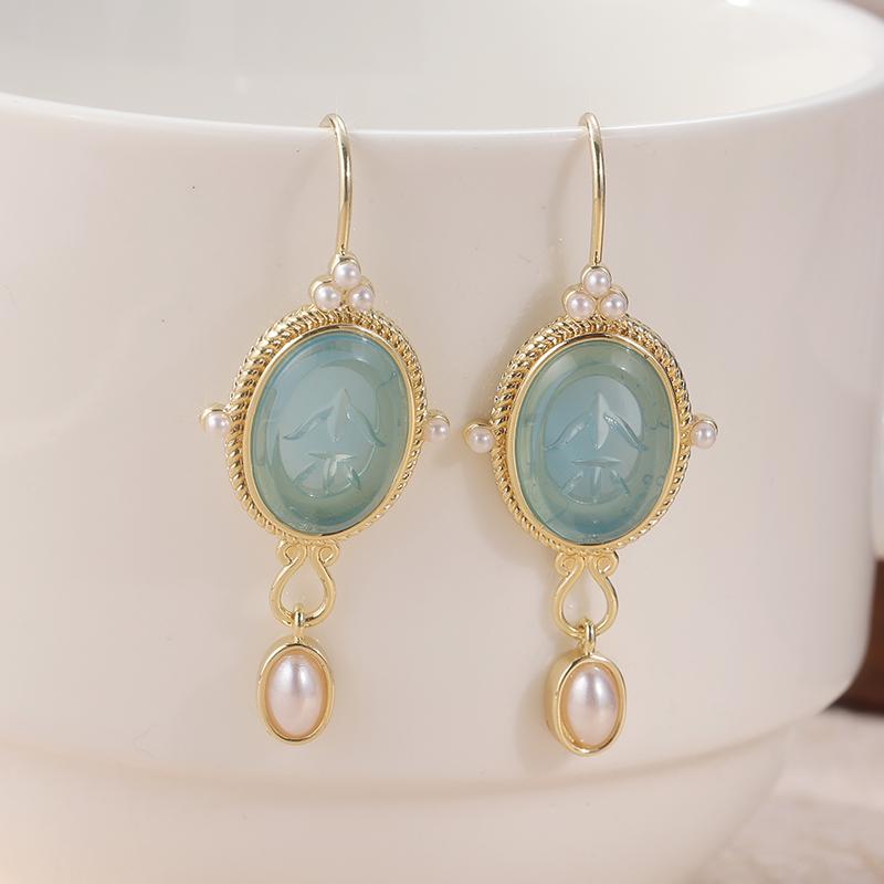 Vintage Oval Inlaid Blue Synthetic Zirconia Imitation Pearl Dangle Earrings for Women's Elegant Exquisite Banquet Jewelry Crafts
