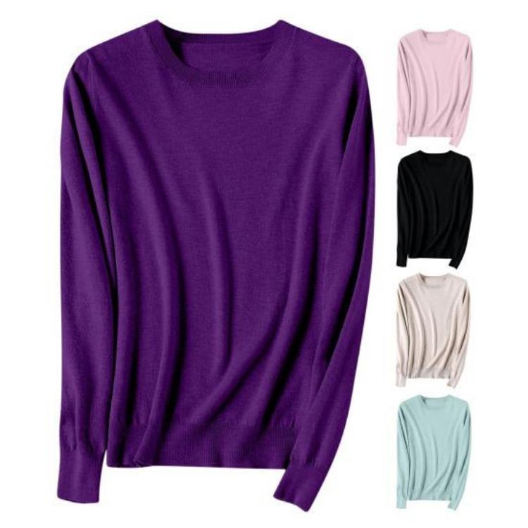 Warm Knitwear Pullover Women Sweater Solid Color Ribbed Trim Round Neck Long Sleeve Knitting Tops