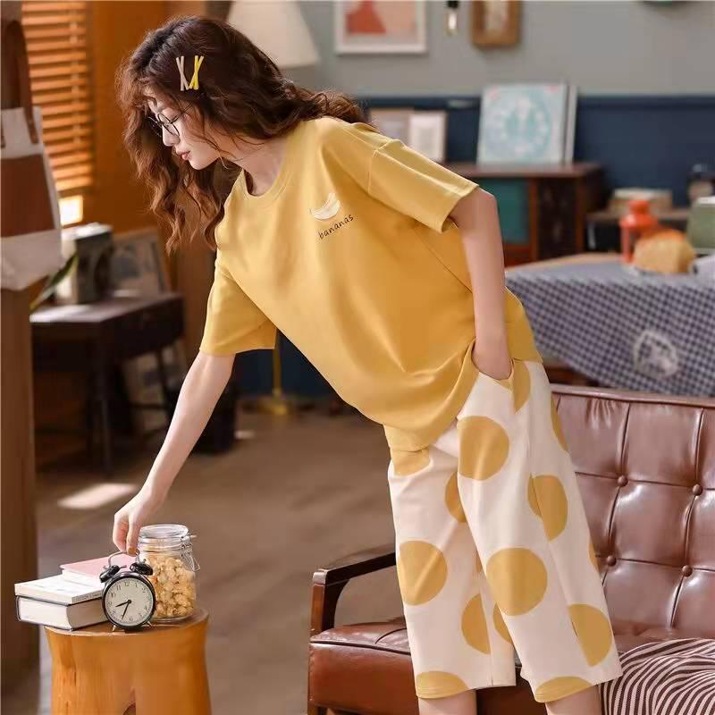 Korean Style Women's Summer Pajama Set – Imitation Cotton, Short Sleeve, Capri Pants, Thin, Cute, Plus Size