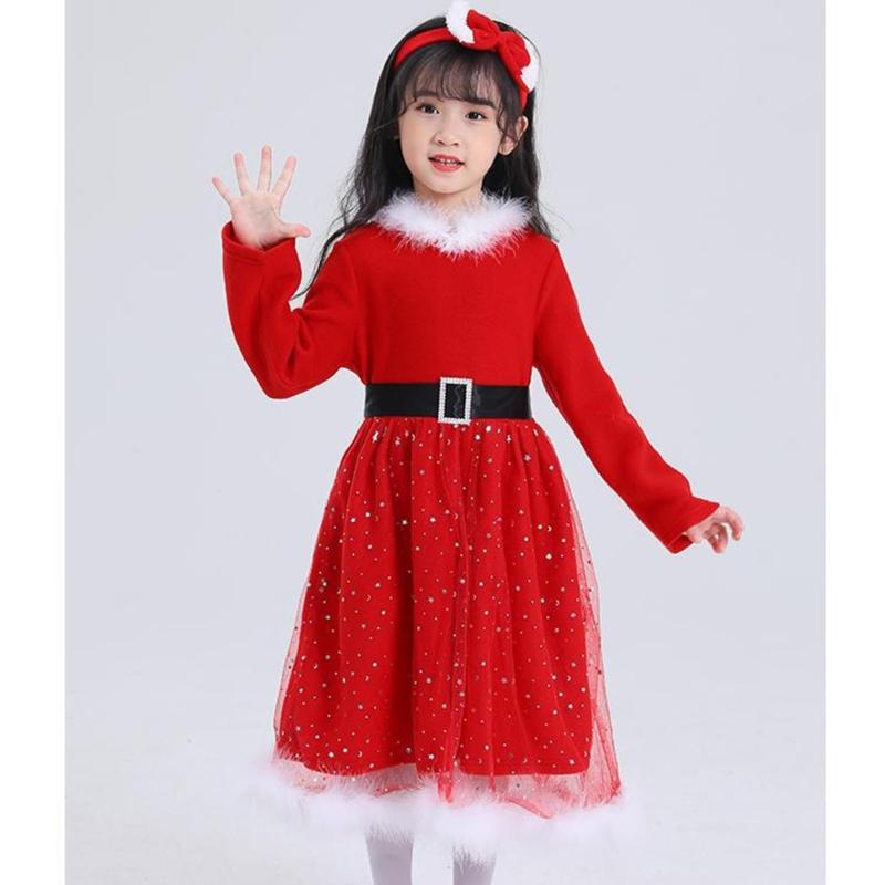 Santa Suit Christmas Santa Clauses Costume for Kids Girls Santa Costume Outfits Bow Headband + Glitter Tutu Dress