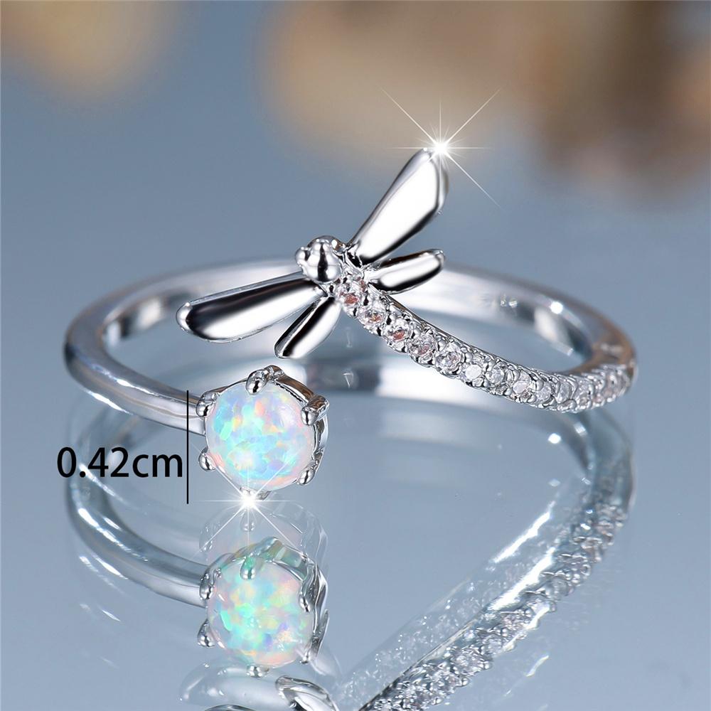 Charm Female White Fire Opal Round Stone Adjustable Open Ring Silver Color Cute Gift Wedding For Women