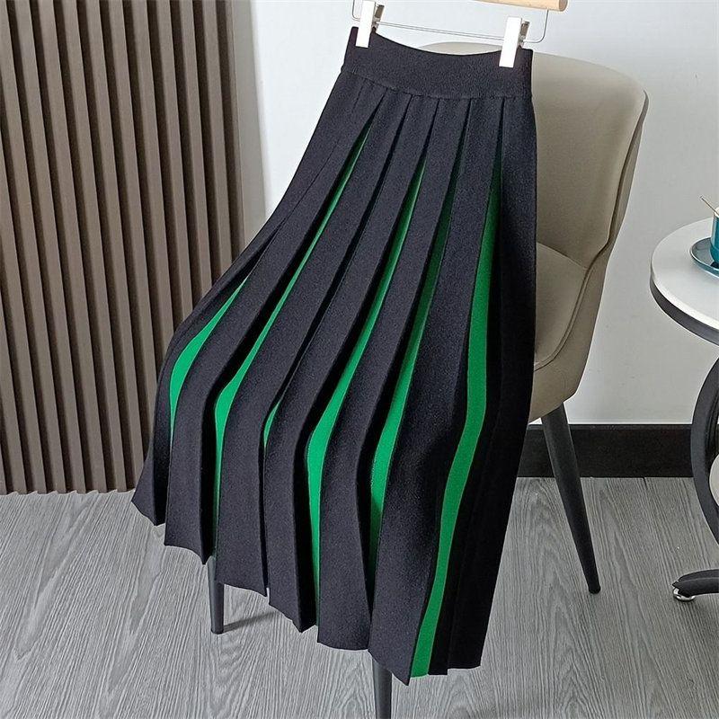 Colorblock Elastic Waist Womens Skirts Contrast Color Skirts Solid Streetwear A Line Midi Skirt