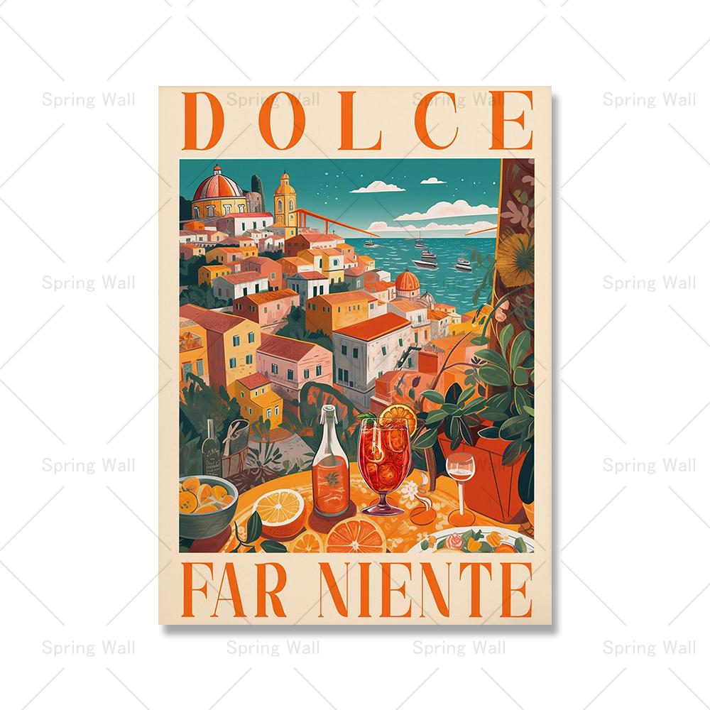 La Dolce Vita Poster And Print Retro Spritz Cocktail Canvas Painting Positano Italy Amalfi Coast Travel Wall Art Bedroom Decor