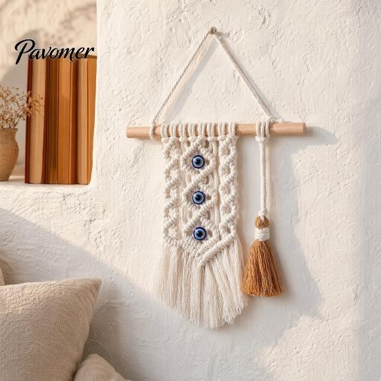 Durable Rope Wall Tapestry Bohemian Tapestry, Blue Evil Eye Braided Knotted Cotton Protective Decoration for Home Nursery Bedroom Living Room