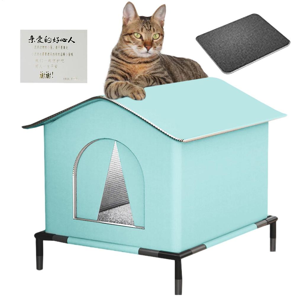 Outside Cat House Outdoor Shelter for Cats with Mat and Raised Floor Insulated Warm Pet Kitten Nest Cave for Patio Backyard