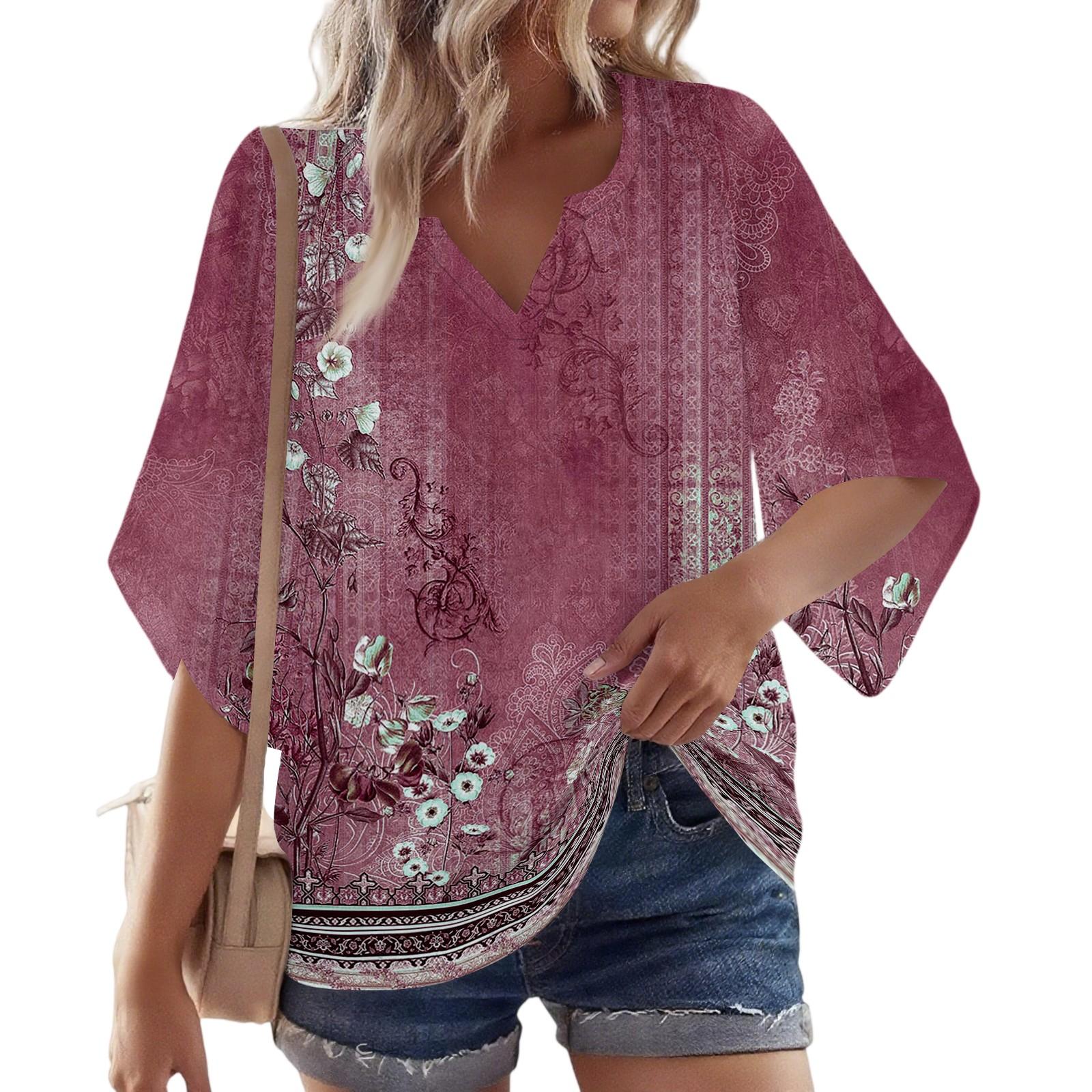 

Women s 3/4 Sleeve V Floral Shirt Casual Loose Tunic Top L винний