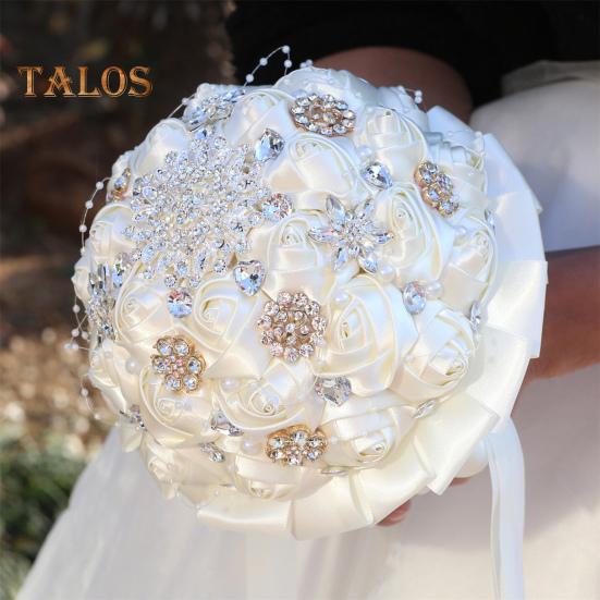 Wedding Bouquet for Bride Satin Artificial Flower Bridal Bouquet with Rhinestones Faux Pearls Bridesmaid Flower Bunch with Handle for Wedding