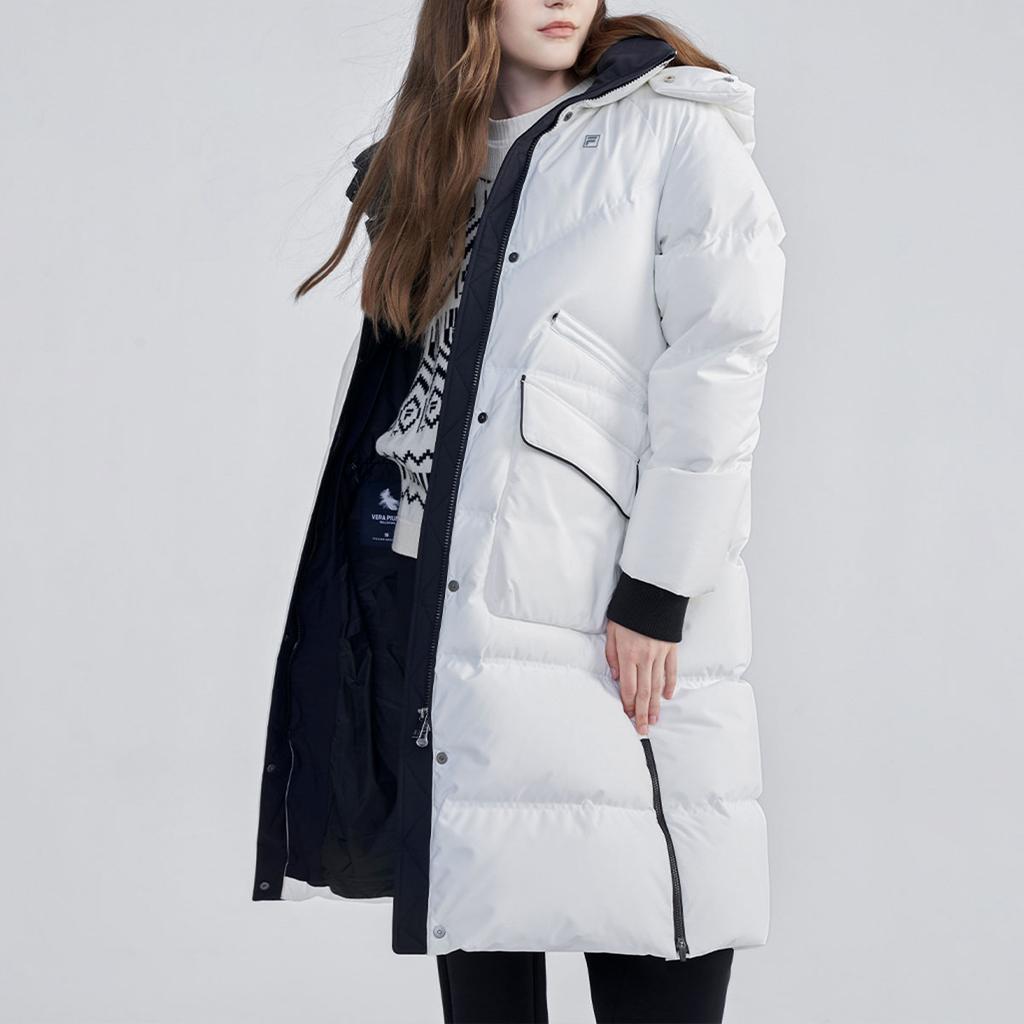 Fila Solid Color Long Hooded Casual Down Jacket Women Outerwear Off-White F11W344912F-WT