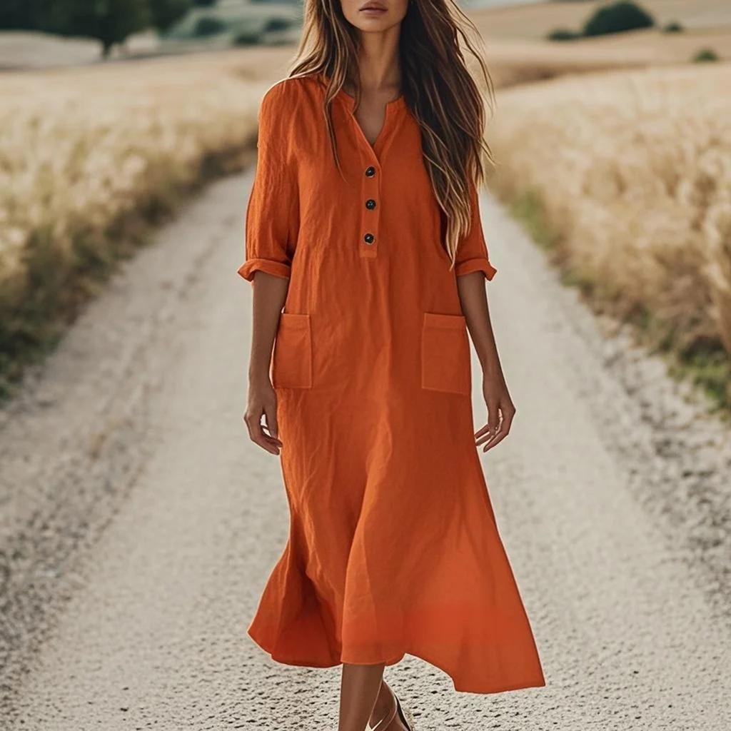 Vestido de Algodón y Lino de Moda y Casual para Mujer